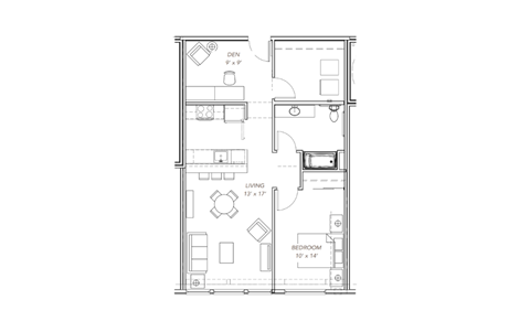 a floor plan of a small apartment with a bedroom and a living room